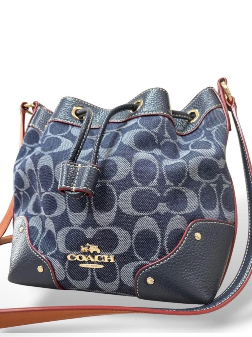 Coach Baby Mickie Denim Blue Signature Drawstring Bucket Crossbody w/2 hang tags